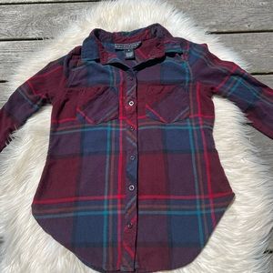 Red Blue Plaid Long Sleeve Button Up Tee Blouse